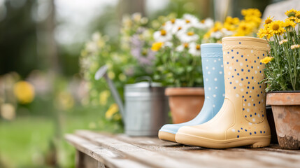 Colorful rubber boots sit on a rustic wooden bench surrounded by blooming flowers in a cozy garden nook. This serene spring scene captures the joy of gardening and outdoor beauty
