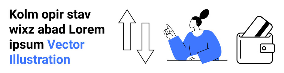 Person gesturing beside directional arrows and wallet with credit cards. Ideal for financial planning, money management, investment strategies, economic trends, online transactions, budget tips