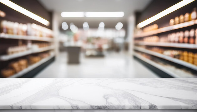 empty white table top counter desk over blur perspective store with bokeh light background white marble stone table shelf and blurred shop for food product display mockup template