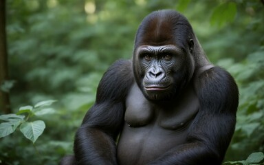 Obraz premium Powerful Gorilla Resting Amidst the Dense, Green Forest