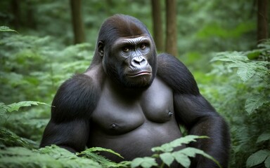 Obraz premium Powerful Gorilla Resting Amidst the Dense, Green Forest