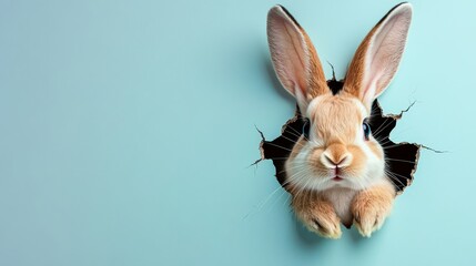 Cute Easter Bunny Posing, Peeking Through a Hole in Blue Studio Background. Fun Holiday Theme.