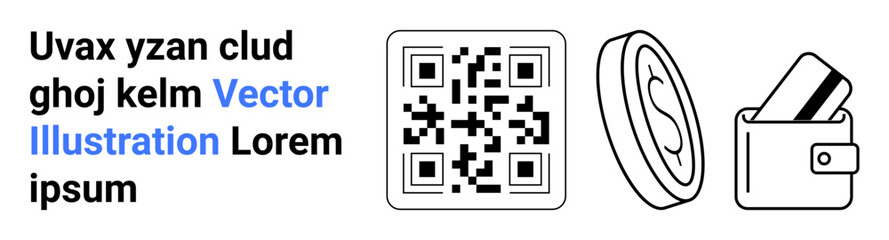 QR code, random text, ear, and wallet with cards represented in clean, simple line art. Ideal for tech solutions, online transactions, accessibility, contactless payments digital identification