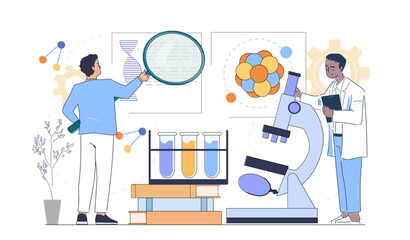 Two scientists examining DNA and molecules, flat graphic style, on white background. Concept of scientific research. Vector illustration