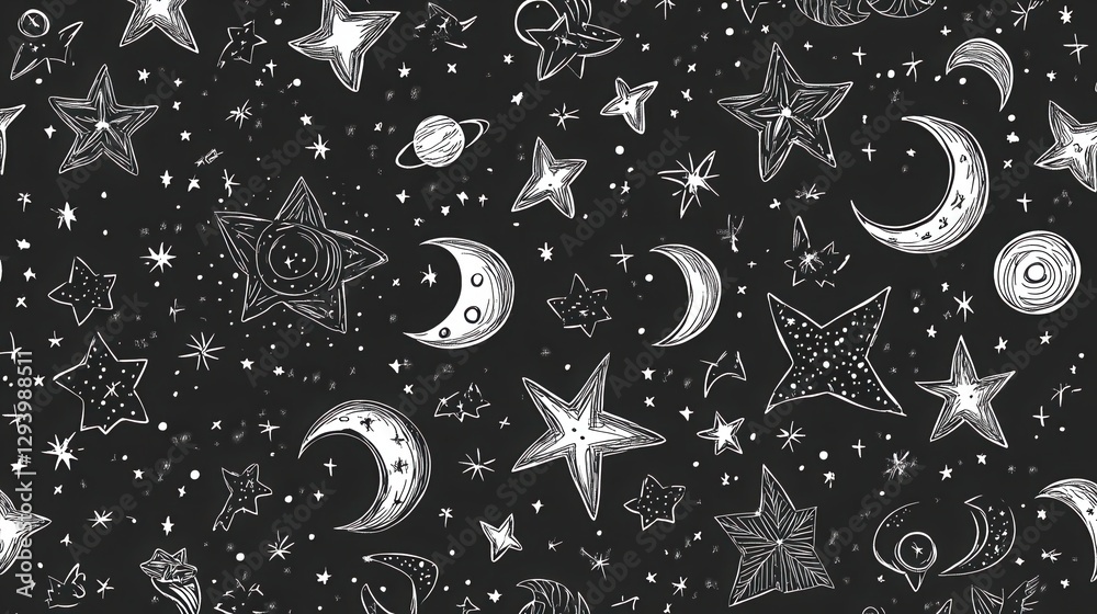 Wall mural hand-drawn celestial patterns with stars and moons on dark background