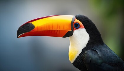 Naklejka premium Vibrant Toucan Toco Bird in Stunning Display, Flashing a Spectacular Plumage of Bright Colors and a Majestic Beak Against the Lush Greenery of the Amazon Rainforest.