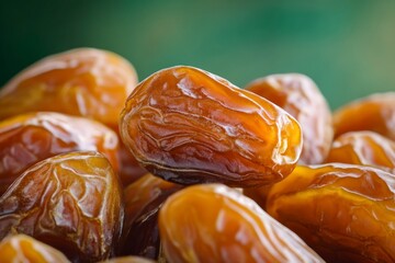 A pile of dates against a green background, with one date in the center showing its interior texture and soft skin