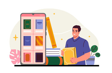Man holding book near smartphone showing books in flat design on white background. Concept of online bookstore. Vector illustration