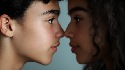 Obraz premium una pareja de jovenes chicos novios mirandose de frente a frente con amor y confianza relaciones y sentimientos humanos 