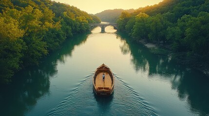 Fototapeta premium Wooden boat on river, tranquil scenery, sunrise
