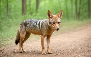 Obraz premium A graceful jackal wandering through the serene forest landscape.