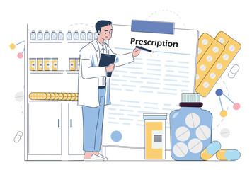 Doctor writing prescription, flat style, white background, concept of healthcare. Vector illustration