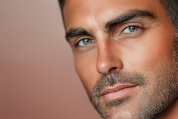 Obraz premium A close-up portrait of a handsome man with a confident look, highlighting his strong features and mature expression.