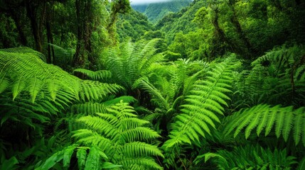 Fototapeta premium A top-down view of a vibrant green New Zealand forest with native ferns and wildlife nestled within.
