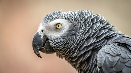 Obraz premium Elegant close-up of an African gray parrot featuring intricate gray feather details and a striking profile against a soft, muted background.