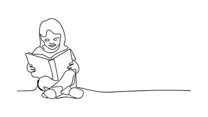 Young Girl Reading Book, OneLine Drawing, Child Education, Literacy, Knowledge