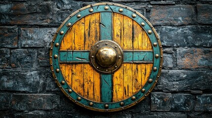 Obraz premium Wooden Viking Shield on Brick Wall