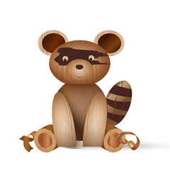 Obraz premium Eine charmante Holzillustration eines Waschbären, stilisiert aus geometrischen Elementen. Der Waschbär sitzt in einer freundlichen Pose mit großen, runden Ohren und typischen dunklen Gesicht