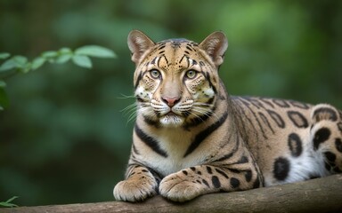 Obraz premium A stunning clouded leopard prowling through the dense forest greenery