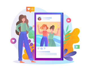 Two women waving in a social media post, flat graphic style, on a colorful background. Concept of online interaction. Vector illustration