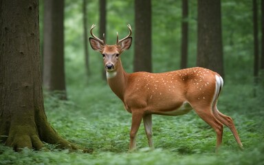 A graceful deer grazing peacefully in the tranquil forest setting