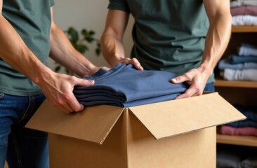 People are organizing and packing folded clothes into a cardboard box in a cozy living space