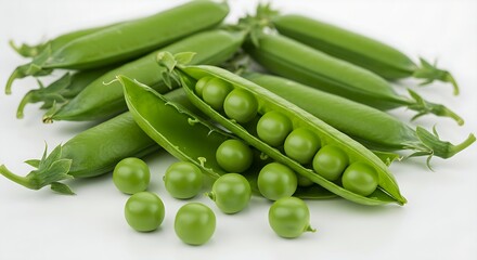 A group of green peas in pods with some opened to reveal the peas inside on a white backdrop