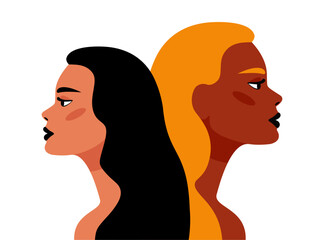 two women illustration with blonde and black hair, flat style vector illustration