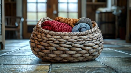 Obraz premium Woven basket filled with clothes on tiled floor