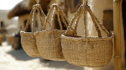 Obraz premium Woven Baskets Hanging in Village Setting