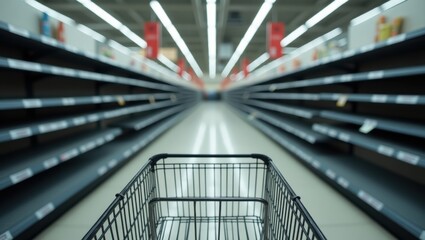 Empty Shelves: An empty shopping cart in a grocery store aisle with the shelves completely bare. Reflecting on the challenges and changes within the consumer world.