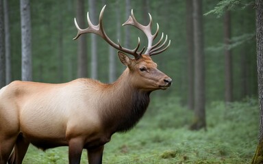 Fototapeta premium A magnificent elk standing proudly in the peaceful forest wilderness