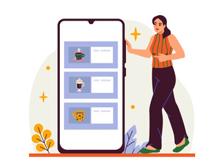Woman pointing at smartphone showing coffee menu, flat design style, on light background. Concept of mobile ordering. Vector illustration
