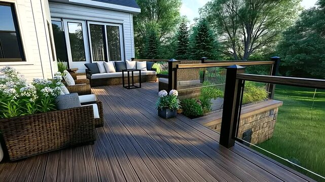 A finely detailed architectural rendering of a home deck with custom seating, a glass railing for unobstructed views, and a built-in planter area for greenery