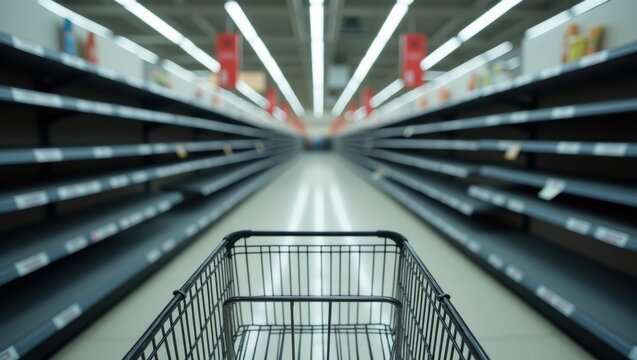 Empty Shelves: An empty shopping cart in a grocery store aisle with the shelves completely bare. Reflecting on the challenges and changes within the consumer world.