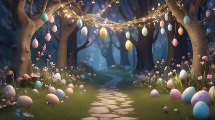 Enchanting Easter path adorned with colorful eggs and fairy lights in a magical forest