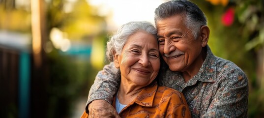 Elderly Hispanic couple enjoying outdoors, radiating love, support and deep bond. Blurred street background