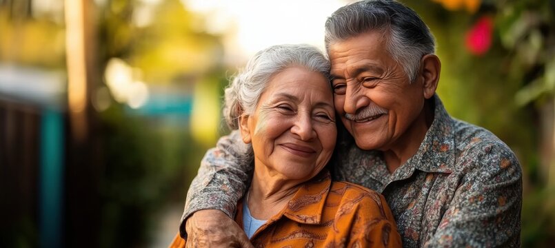 Elderly Hispanic couple enjoying outdoors, radiating love, support and deep bond. Blurred street background - Powered by Adobe