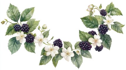 Blackberry blossom wreath, garden setting, floral design, food illustration, recipe decoration