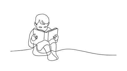 A minimalist line drawing depicts a young child engrossed in reading a book while sitting on the ground. The illustration uses a single continuous line.