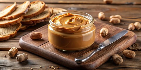 Rich creamy peanut butter spread on a smooth wooden table surface, with a knife dipping into the jar, jar, utensil,  jar, utensil