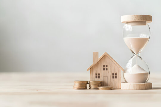 wooden house model next to hourglass and stacked coins symbolizes time and investment. This conveys importance of planning for future