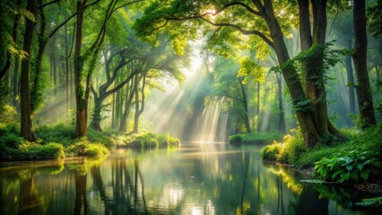 Fototapeta premium A serene forest with trees enveloped in lush greenery and vines, surrounded by a tranquil pond and misty atmosphere, with sunlight filtering through the leaves , serene, outdoors