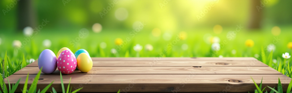 Aufkleber empty wooden table set amidst a lush green meadow featuring colorful easter eggs in a springtime bac