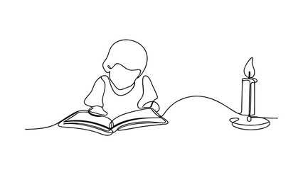 Child Reading Book Nighttime Candlelight OneLine Drawing Study Learning
