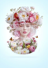 Naklejka premium Spring festival on March 8th, Elegant portrait of a young woman with a delicate floral crown and spring flowers.