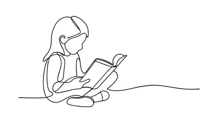 Young Girl Reading Book Single Line Art Illustration Child Education