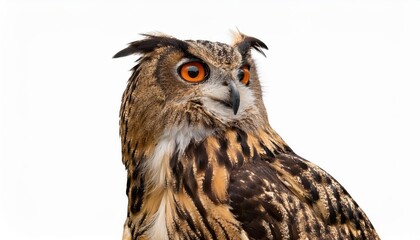 Naklejka premium Striking Profile of the Turkmenian Eagle Owl, Turbo bubo turcomanus, in High Contrast Against Transparent Backdrop, Showcasing Feathered Grandeur and Majestic Beauty