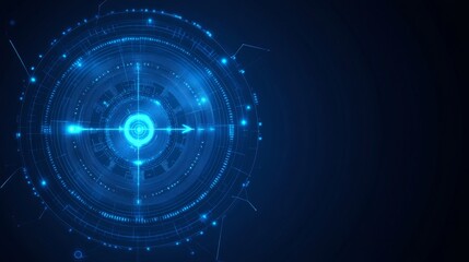 Futuristic technology digital holographic element with laser glow effect, arrow, callout border, and radar scanning in dark and light blue tones, symbolizing innovation and advanced data analysis