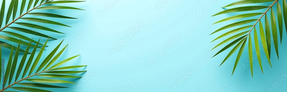 Poster elegant banner design featuring palm fronds on a serene blue background leaving ample space for text